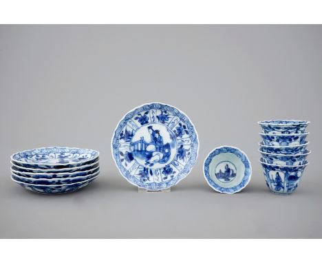 A set of six Chinese blue and white cups and saucers, Kangxi  Dia.: 11 cm (saucer)Dia.: 6 cm - H.: 4 cm (cup)  Condition repo