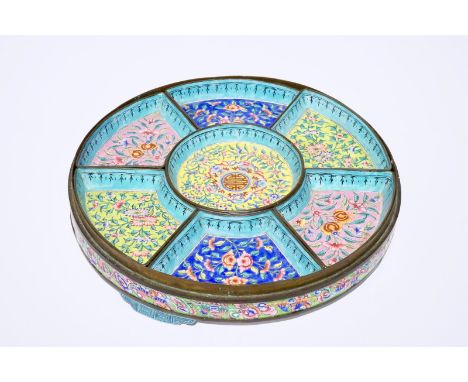 A Chinese Canton enamel sweetmeat set on tray, 19th C.  Dia.: 26 cm - H.: 5 cm  Condition reports and high resolution picture