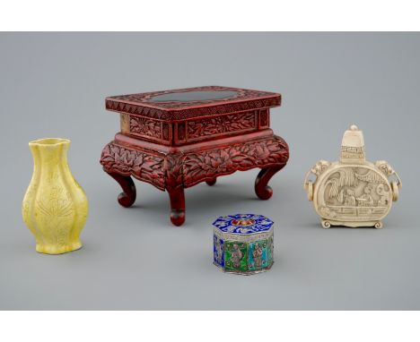 A set of Chinese Canton enamel, a lacquer stand, a silver box and cover, an ivory snuff bottle and a miniature vase, 19/20th 