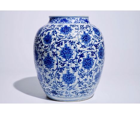 A Chinese blue and white lotus scroll vase, Ming, Wanli  H.: 37,5 cm  Condition reports and high resolution pictures are avai