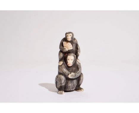 A Japanese ivory okimono of two monkeys, Meiji/Taisho, 19/20th C., signed  H.: 8 cm - L.: 4 cm - W.: 3 cm  Condition reports 