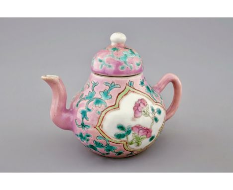 An unusual Chinese pink ground miniature teapot and cover, 19th C.  H.: 7 cm  Condition reports and high resolution pictures 