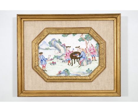 A Chinese European subject Canton enamel plaque, 18th C.  Dim.: 31,5 x 25,5 cm (the frame)Dim.: 18,5 x 13 cm (the plaque)  Co