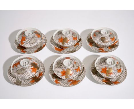 Six Japanese eggshell covered cups and saucers with carps, Meiji, 19th C.  Dia.: 11,5 cm (saucer)Dia.: 9 cm - H.: 7 cm (cover