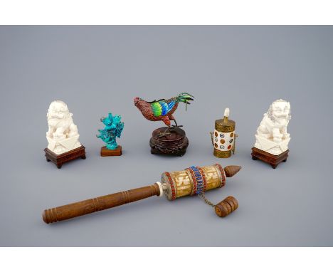 A collection of Chinese ivory, bone, gilt silver and turquoise objects, 19/20th C.  L.: 27 cm / H.: 10,5 cm  Condition report