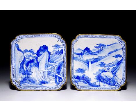 A pair of Chinese blue and white square trays in Canton enamel, 18th C.  Dim.: 10 x 10 cm  Condition reports and high resolut