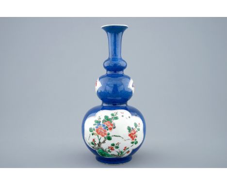 A Chinese famille verte powder blue triple gourd vase, Kangxi  H.: 24 cm  Condition reports and high resolution pictures are 