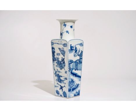 A Chinese blue and white tapering square-section vase, Kangxi mark, 19/20th C.  H.: 53,5 cm  Condition reports and high resol