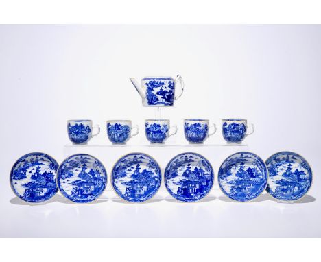 A Chinese blue and white part tea service with landscapes, Qianlong  Dim.: 18 x 10 x 9 cm (teapot)Dia.: 13,5 cm (saucer) H.: 