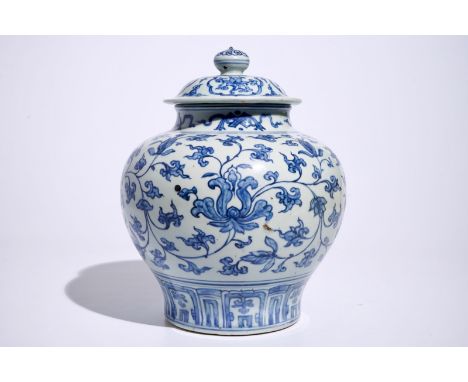 A Chinese blue and white peony scroll vase and cover, Ming, Wanli  H.: 37 cm  Condition reports and high resolution pictures 