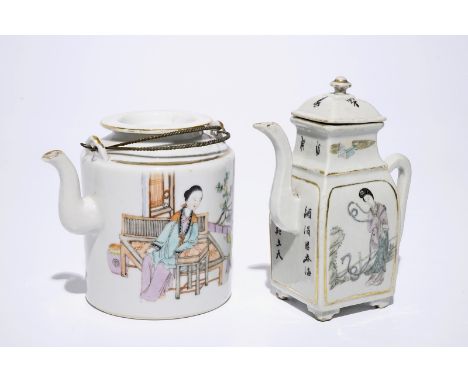 A Chinese qianjiang cai teapot and a wine jug, 19/20th C.  Dim.: L.: 16 cm - W.: 12 cm - H.: 14 cm (the teapot)  Condition re