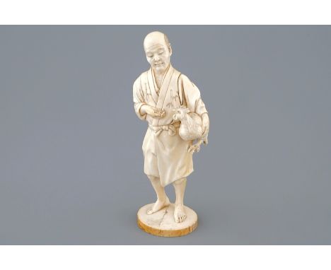 A Japanese ivory okimono of a chicken farmer, Meiji, 19th C., signed  H.: 20,5 cm  Condition reports and high resolution pict