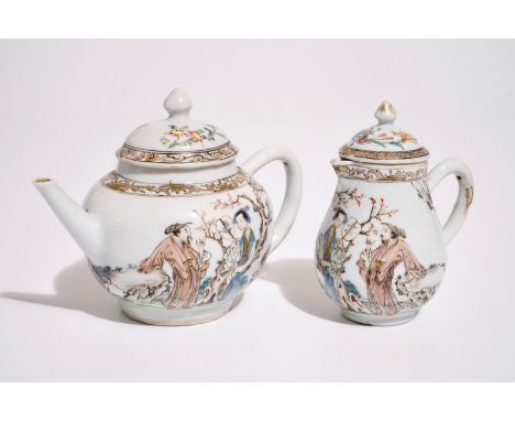A fine Chinese famille rose teapot and matching milk jug, Yongzheng  L.: 16 cm - H.: 11,5 cm (teapot)  Condition reports and 