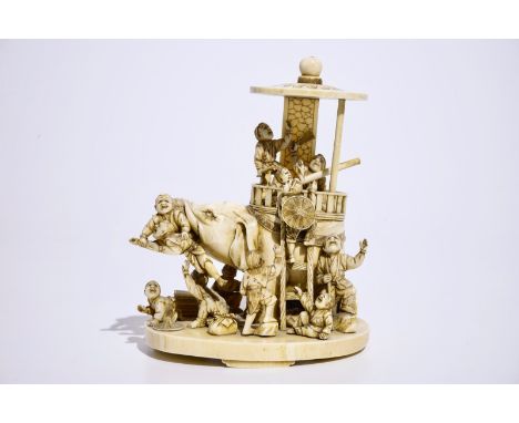 A fine Japanese ivory okimono of boys playing with an elephant, Meiji, 19th C., signed  H.: 15cm, the base: 12 x 9 cm.  Condi
