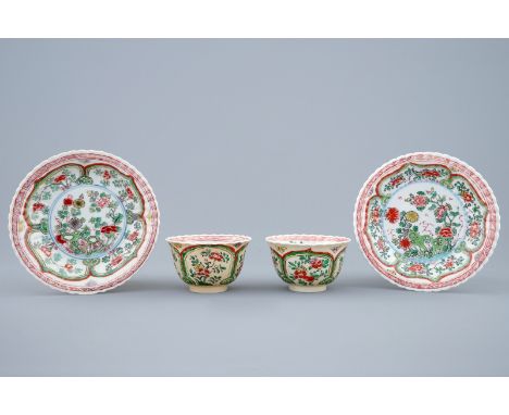 A pair of Chinese famille verte cups and saucers, Kangxi  Dia.: 8 cm - H.: 5 cm (cup)Dia.: 13 cm (saucer)  Condition reports 