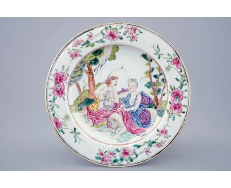 A Chinese famille rose mythological plate with Apollo and Daphne, Yongzheng  Dia.: 22,5 cm  Depicting Apollo playing his lyre