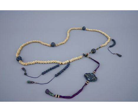 A Chinese ivory and enamelled silver court necklace, 18th C.    Condition reports and high resolution pictures are available 