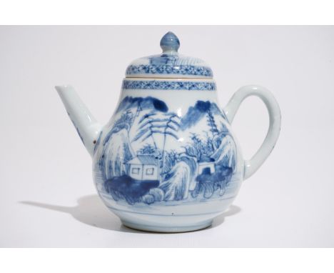 A blue and white Chinese teapot with a fine landscape, Yongzheng/Qianlong  L.: 13,5 cm - H.: 11,5 cm  Condition reports and h