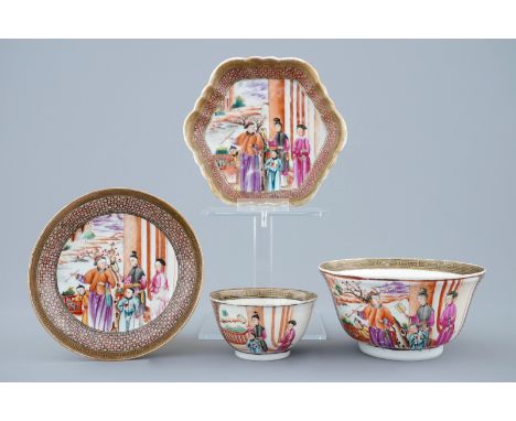 A group of fine Chinese mandarin palette cup, saucer, teapot stand and bowl, Qianlong  Dia.: 8 cm - H.: 4 cm (cup)Dia.: 11,5 