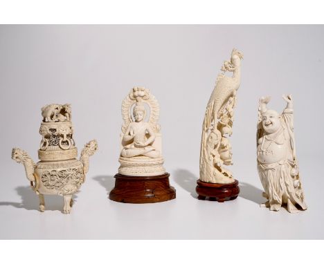 Four Chinese and Indian ivory carvings, incl. an incense burner and a figure of Buddha, late 19th/early 20th C.  Dim.: 16,5 x