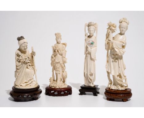 Four Chinese carved ivory female figures on wooden base, late 19th and early 20th C.  H.: 25 cm (the tallest figure)  Conditi