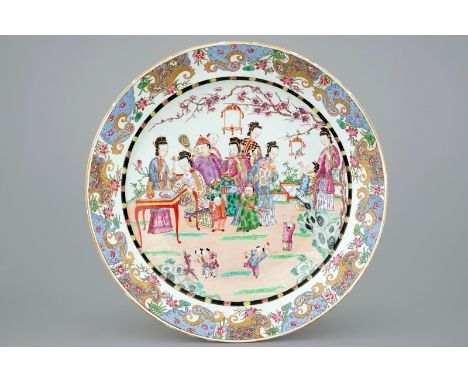 A massive famille rose charger with figures in a garden, Samson, Paris, 19th C.  Dia.: 53 cm - H.: 9,5 cm  See also: Christie