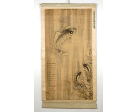 A Chinese scroll painting with carps and calligraphy, 19th C. or earlier  Dim.: 131 x 69 cm  Condition reports and high resol