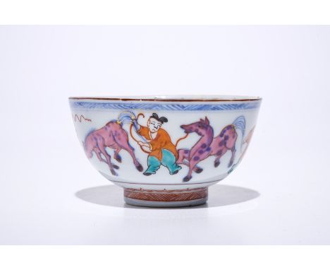 A Chinese Dutch decorated Amsterdams bont bowl with horses, Kangxi  Dia.: 11 cm - H.: 6 cm  Condition reports and high resolu