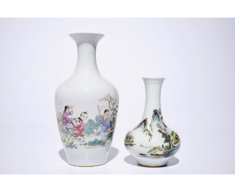 A Chinese famille rose vase with playing boys and a qianjiang cai landscape vase, 20th C  H.: 25 cm (the famille rose vase)  