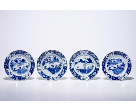 Four Chinese blue and white landscape plates, Kangxi  Dia.: 21 cm  Condition reports and high resolution pictures are availab