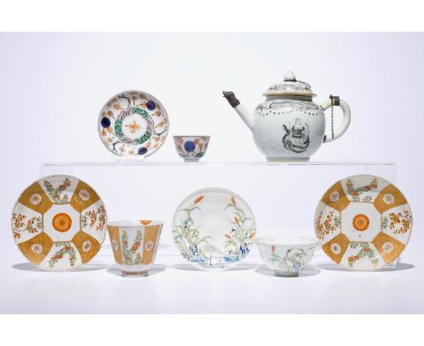 A group of Chinese and Japanese tea wares, incl. a teapot, four cups and three saucers, Kangxi and later  Dim.: 20 x 11 x 13,