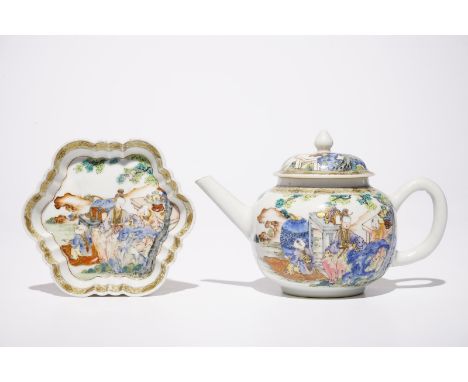 A fine Chinese famille rose teapot on stand with a lady and two boys, Yongzheng  L.: 19 cm - H.: 12 cm (the teapot)Dia.: 13 c