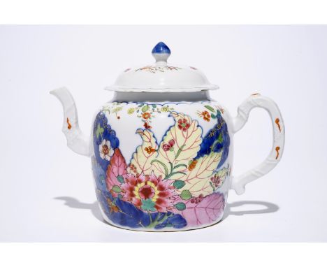 A Chinese famille rose 'Tobacco Leaf' teapot and cover, Qianlong  Dim.: L.: 20 cm - H.: 15 cm  Condition reports and high res