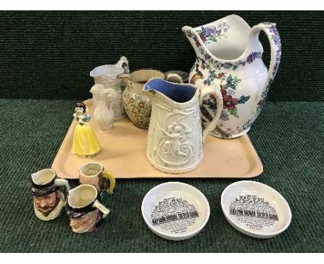 A tray of Copeland Spode large decorative jug, an antique pottery 'Prepare to meet thy God' jug, figure of Snow White, Lancas