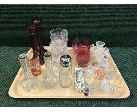 A tray of cranberry glass milk jug and sugar basin, sifter, silver rimmed fluted vases, miniature metal tea service on tray e