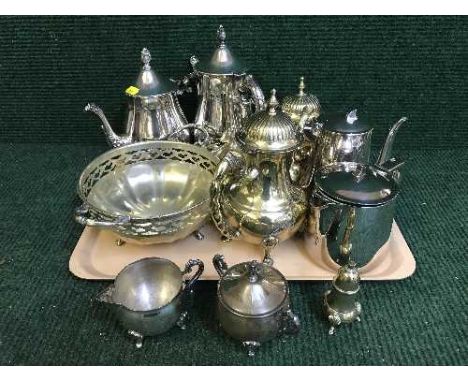 A tray of plated four piece tea service and other plated wares 