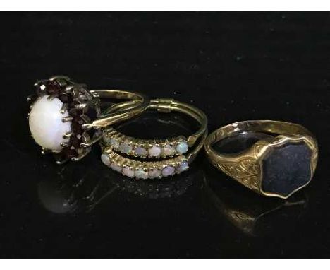 Three vintage gold rings including opal cluster, signet ring and double row of opals (3)