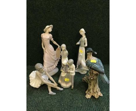 A tray of five Nao and other porcelain figures and an Italian figure of a bird 