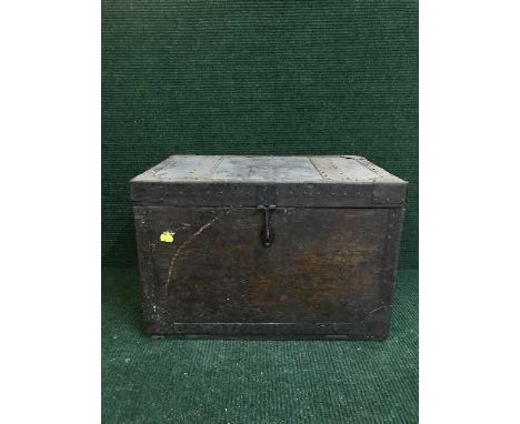 An oak strong box and a vintage painted tin trunk 