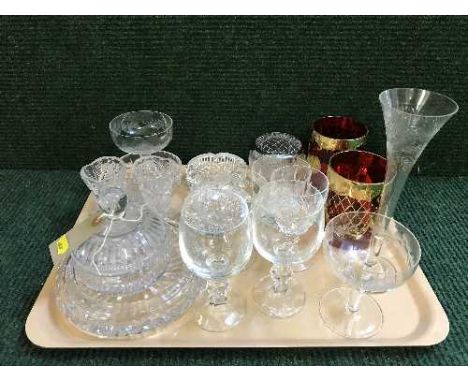 A quantity of pressed glass, ruby tankards etc 