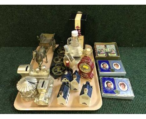 A tray of Nikolas Special Ouzo, 500 ml, bottle of Shepherd Meane Christmas ale, boxed, horse and cart figure, horse brasses, 