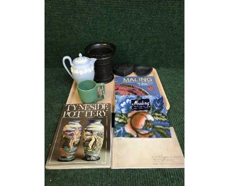 A tray of Wedgwood black basalt vase, similar trinket box and dish, Wedgwood mug, four volumes on North Eastern pottery 