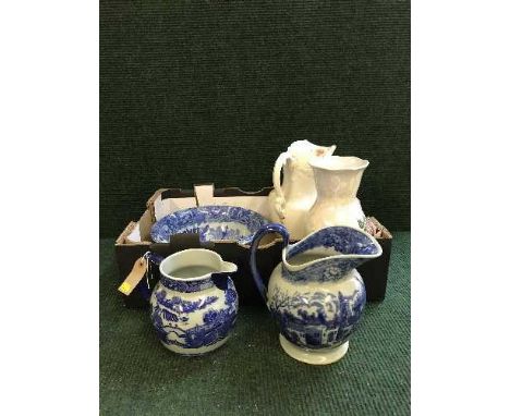 A box of blue and white toilet jug and basin, Royal Winton lustre vase etc 