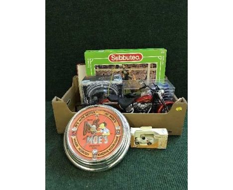 A box of Subbuteo set, RC motorbike, Lord of the Rings boxed figure etc