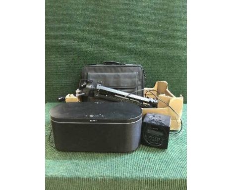 Two boxes of Advent lap top, Bluetooth wireless speakers, camera tripod, PS3 etc 