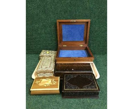Two bone and mother of pearl inlaid trinket boxes, inlaid jewellery box, oak cutlery box etc  