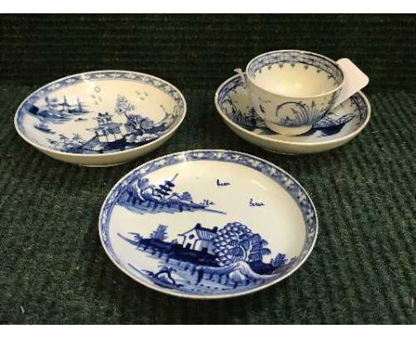 An eighteenth century blue and white English miniature tea bowl and saucer, probably Caughley, saucer diameter 11cm diameter,