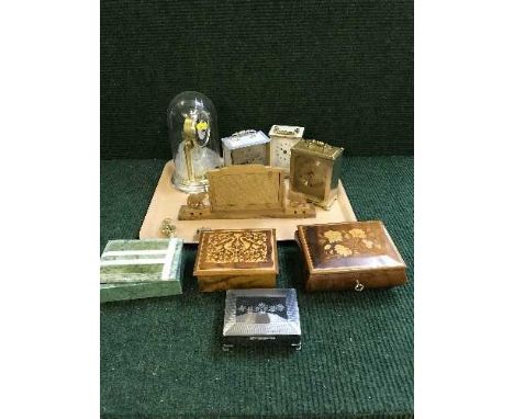 A tray of modern carriage clocks, anniversary clock under dome, inlaid musical jewellery boxes etc 