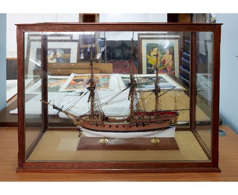 A large scale model boat 'Myrmidon' fitted within a case, overall size including case 67cm x 93cm.