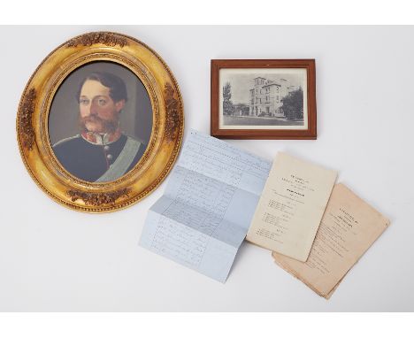 A mid 19th century, portrait oil on board, with note indicating a portrait of Captain James Sothern, together with a list of 